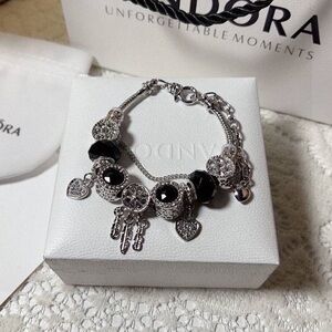 ✨ Pandora-Style Silver Charm Bracelet (Black Crystal Edgy Edition)